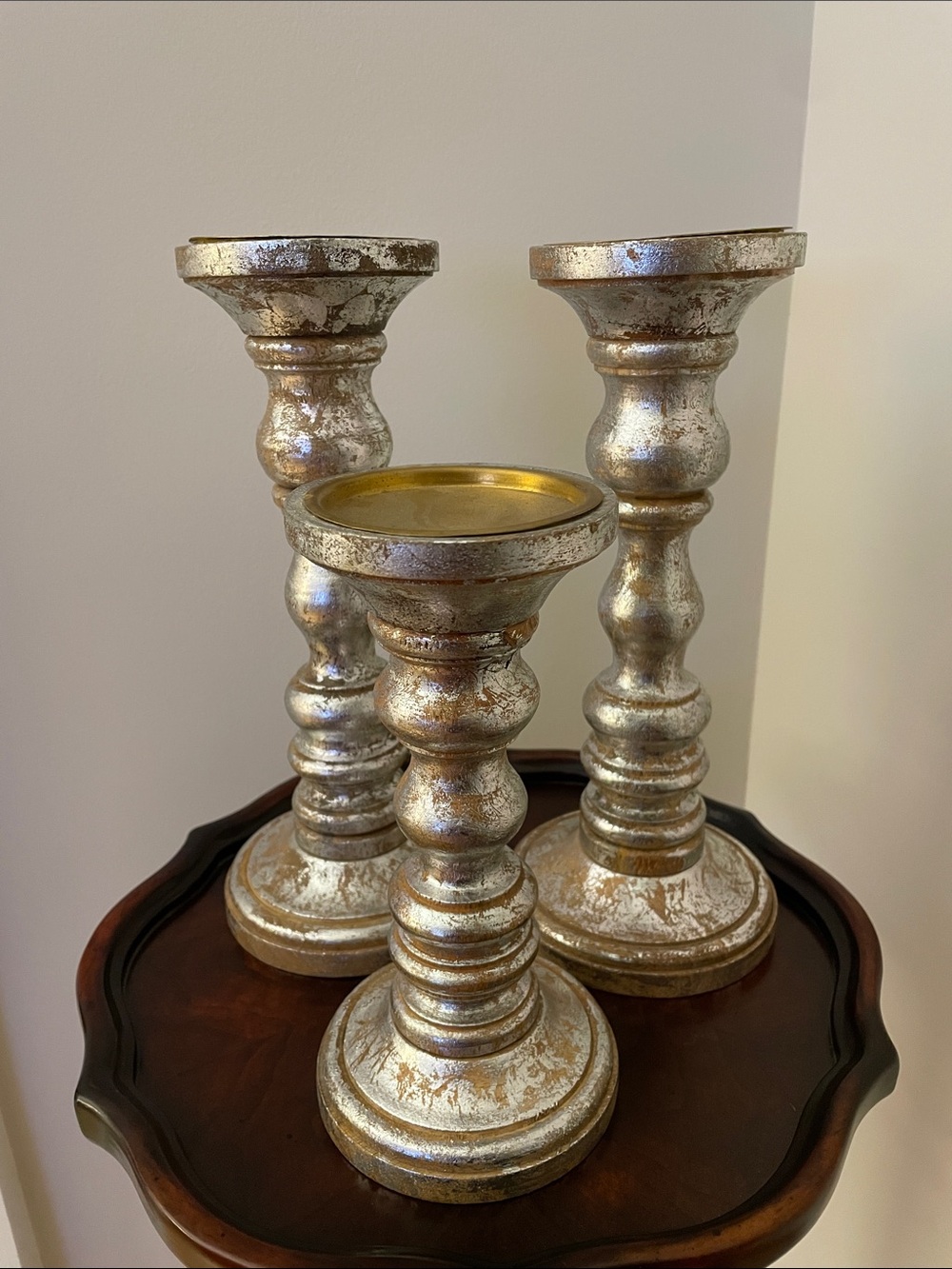 Distressed Silver Metallic Wood Pillar Candle Holders - Set of 3